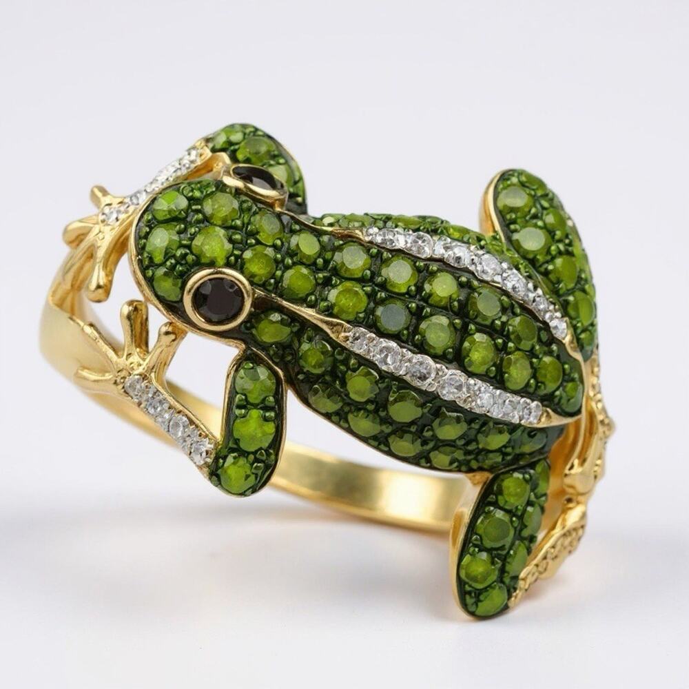 Frog Ring Gold Sz 7 CZ Whimsical Animal Pave VTG Boho Green Amphibian Cocktail
